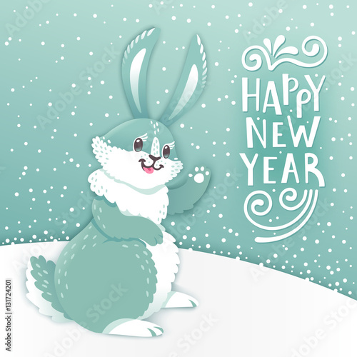 "Card Happy New Year with cartoon rabbit. Funny bunny. Cute hare, snow