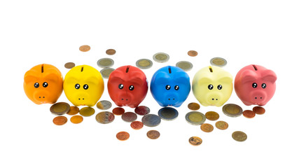 Piggy Bank with coins on isolated on white background.