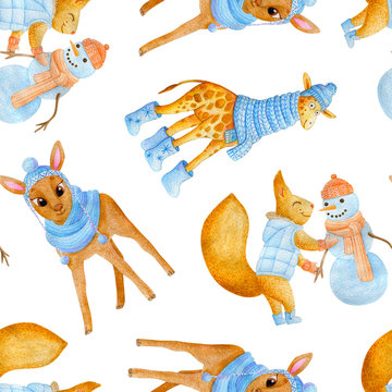 Cute cartoon seamless pattern with watercolor giraffe in a blue knitted scarf, boots with the snowflakes, deer and smiling squirrel in a blue vest and boots