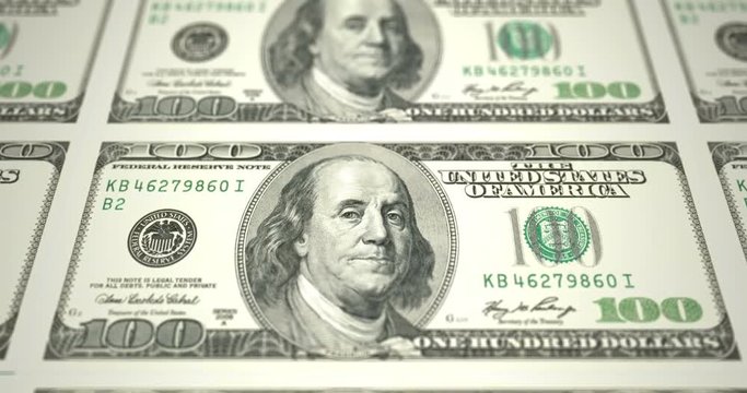 Animation of series of bills oa americans one hundred dollars with the face of Benjamin Franklin on print