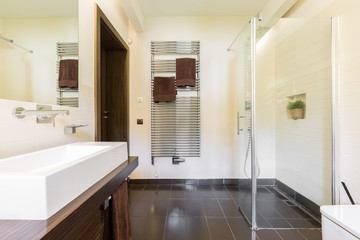 Fototapeta na wymiar Glass shower in elegant bathroom