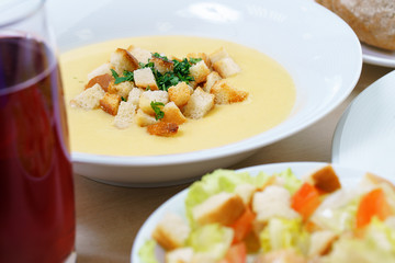 Set lunch of three courses in cafe close up view