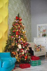 Christmas and New Year decorated interior with presents and New year tree