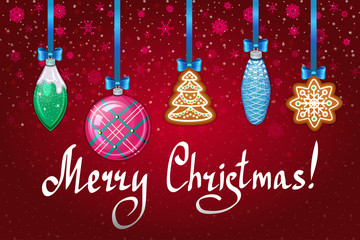 Naklejka premium Tło wakacje z zabawkami świątecznymi i pierniki