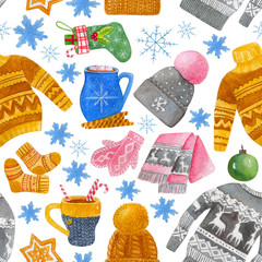 Seamless watercolor pattern with winter warm and cozy stuff, includes sweater, christmas ball, christmas sock, cocoa, coffee, ginger biscuit, knitted cap, snowflake, scarf, mittens