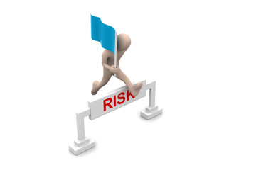 person jumping over word risk with flag