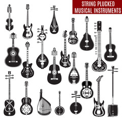 Vector set of black and white string plucked musical instruments in flat design