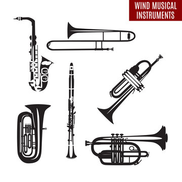 Vector set of black and white wind musical instruments in flar design