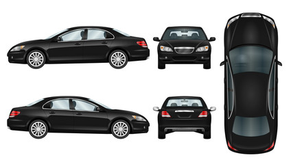Naklejka premium Black car vector template. Business sedan isolated. The ability to easily change the color. All sides in groups on separate layers. View from side, back, front and top.