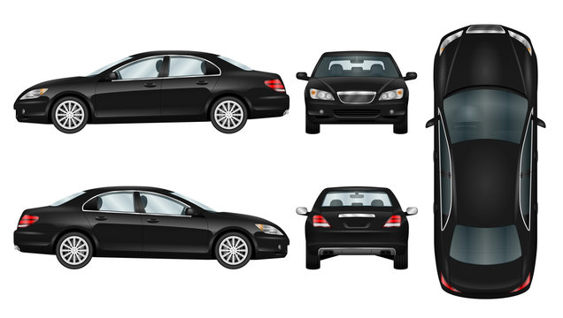 Black car vector template. Business sedan isolated. The ability to easily change the color. All sides in groups on separate layers. View from side, back, front and top.