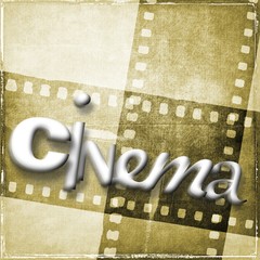 Cinema word written with random characters. In the background we have vintage film strip in sepia tones.