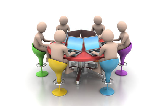 3d people around a table looking at laptops