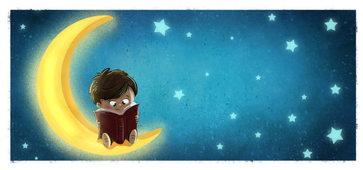 Niño leyendo en la luna. Noche estrellada - obrazy, fototapety, plakaty