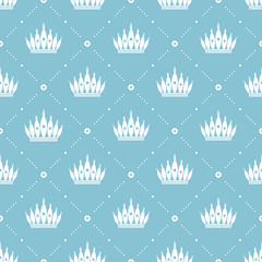Seamless pattern in retro style with a white crown on a turquoise background. Can be used for wallpaper, pattern fills, web page background,surface textures. Vector Illustration.
