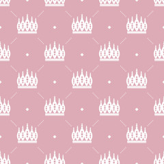 Seamless pattern in retro style with a white crown on a pink background. Can be used for wallpaper, pattern fills, web page background,surface textures. Vector Illustration.
