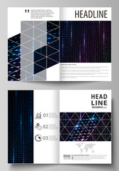 Business templates for bi fold brochure, flyer, booklet. Cover template, layout in A4 size. Abstract colorful neon dots, dotted technology background. Futuristic texture, digital vector design.