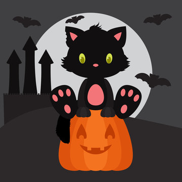 Halloween illustration with black kitten sitting on the pumpkin