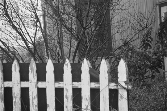Black and White Farm Photo With White Picket Fence