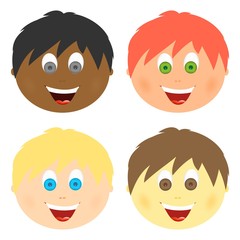 Boys set children's faces with different hair color and eyes with a big smile with an open mouth with tongue and white teeth. Combed child with ears.Heads of different skin color