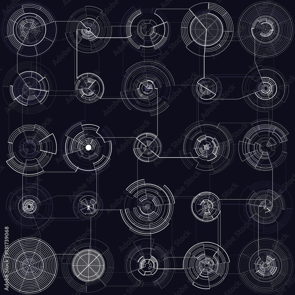 Poster set of abstract hud elements isolated on black background. high tech motion design, round interfaces