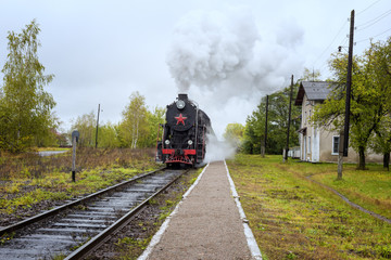 Fototapeta na wymiar Steam train locomotive stopped at the small unfrequented railway station