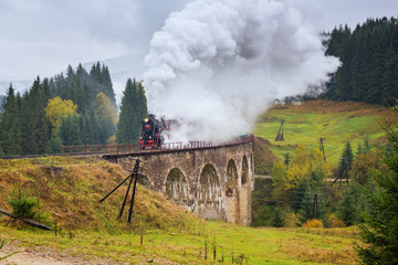Fototapeta na wymiar Rare steam train locomotive passing over the old viaduct in the mountains, picturesque landscape