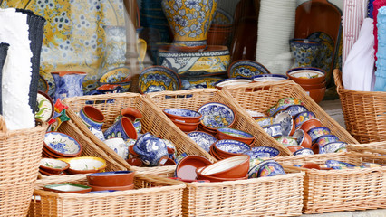 Portuguese traditional clay bowls in the baskets