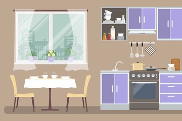 Kitchen interior. There is a violet furniture, a stove, a table with chairs, a window and other objects in the picture. Vector flat illustration
