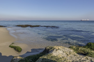 Beauty day view of rocky bay with algae