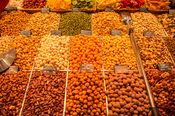 Nuts and almonds at the Boqueria market in Barcelona