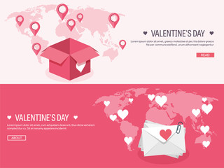 Vector illustration. Flat background with envelope and box. Love, hearts. Valentines day. Be my valentine. 14 february. Message.