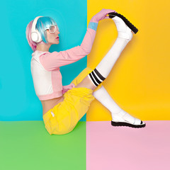 Fashion Fitness DJ Girl Creative pop art style. Minimal design f