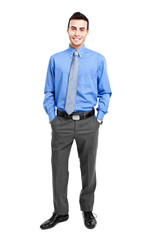 Friendly manager against a white background