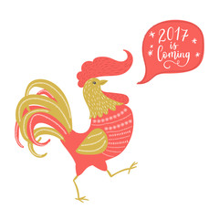 Rooster symbol of New Year with 2017 is Coming hand lettering on speech bubble background. Vector element design.