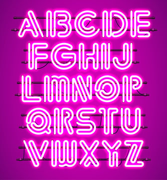 Glowing purple Neon Alphabet with letters from A to Z. Shining and glowing neon effect. Every letter is separate unit with wires, tubes, brackets and holders.