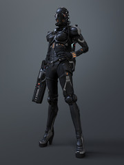 3d rendering of a cyborg girl standing with a gun 