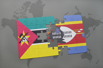puzzle with the national flag of mozambique and swaziland on a world map