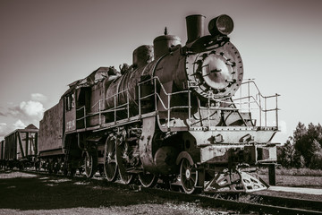 Black and white photography of the old steam train