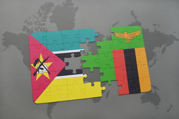 puzzle with the national flag of mozambique and zambia on a world map