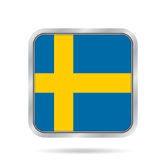 Flag of Sweden. Shiny metallic gray square button.