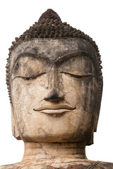 Ancient concrete Buddha face close up to head at Kampangphet Historical park, Thailand