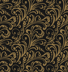 Seamless pattern. Vintage style background with floral ornaments. Abstract composition with gold elements on black backdrop. Illustration with an elegant design.