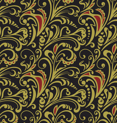 Seamless pattern. Vintage style background with floral ornaments. Abstract composition with gold and red elements on black backdrop. Illustration with an elegant design.