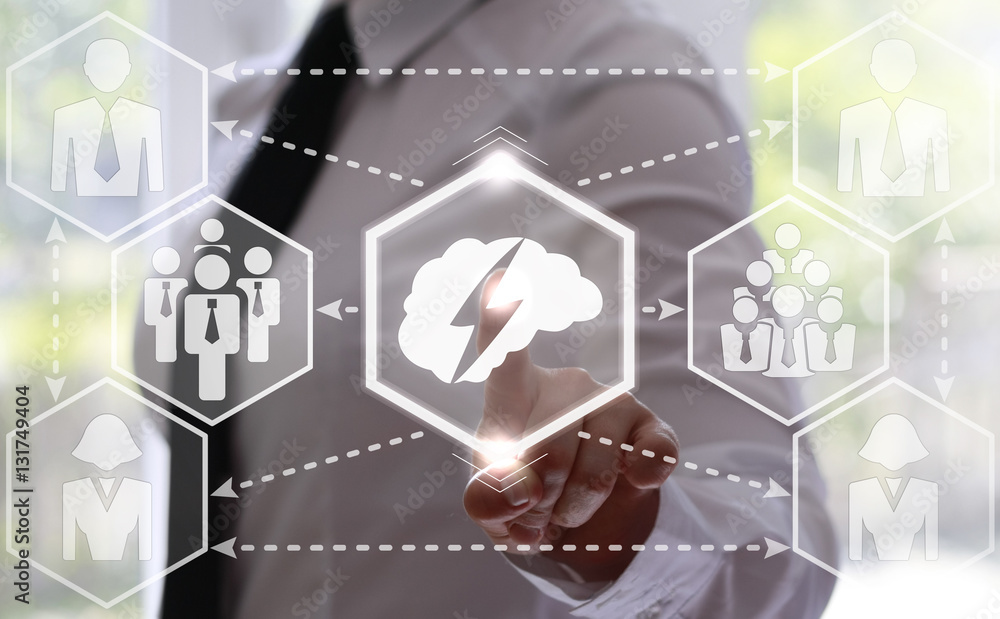 Poster businessman presses brain button with spark on virtual screen. business woman touching icon brainsto