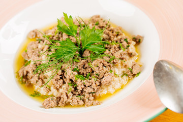 oatmeal with meat in a plate