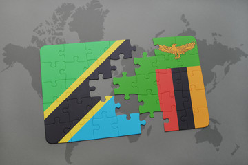 puzzle with the national flag of tanzania and zambia on a world map