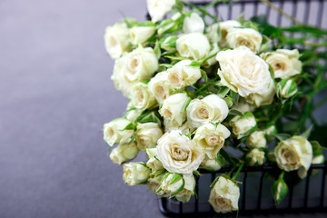 White Rose Small.Fresh Flowers a gift for the Holiday.Valentine's day or a birthday.Copy space.  selective focus.