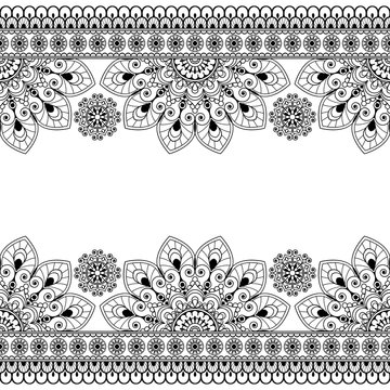 Seamless Indian Mehndi Pattern with floral border elements for card and tattoo on white background.