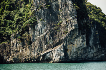 Fototapeta na wymiar Scenic mountain rock face cliff in the sea water, green trees, a