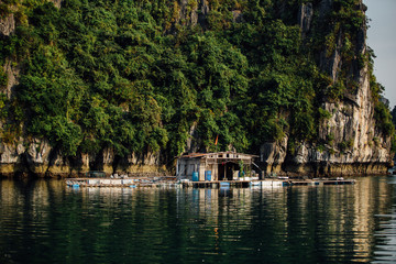 Cabin house floating on the water, asia ha long bay vietnam 